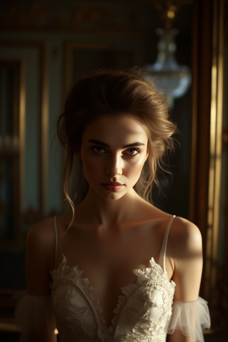 Full-length photograph. A young woman in Empire style poses in a dimly lit, ornate room. Soft, voluminous light casts delicate shadows on her porcelain skin as she looks directly into the camera lens. The Hasselblad H6D camera captures every detail with 8K precision. Cinematic lighting envelops her, creating a sense of mystery and intrigue.Volumetric lighting, captured by Gregory Crewdson using a Hasselblad H6D, Cinematic lighting, 8K, Ultra-HD, Super-Resolution