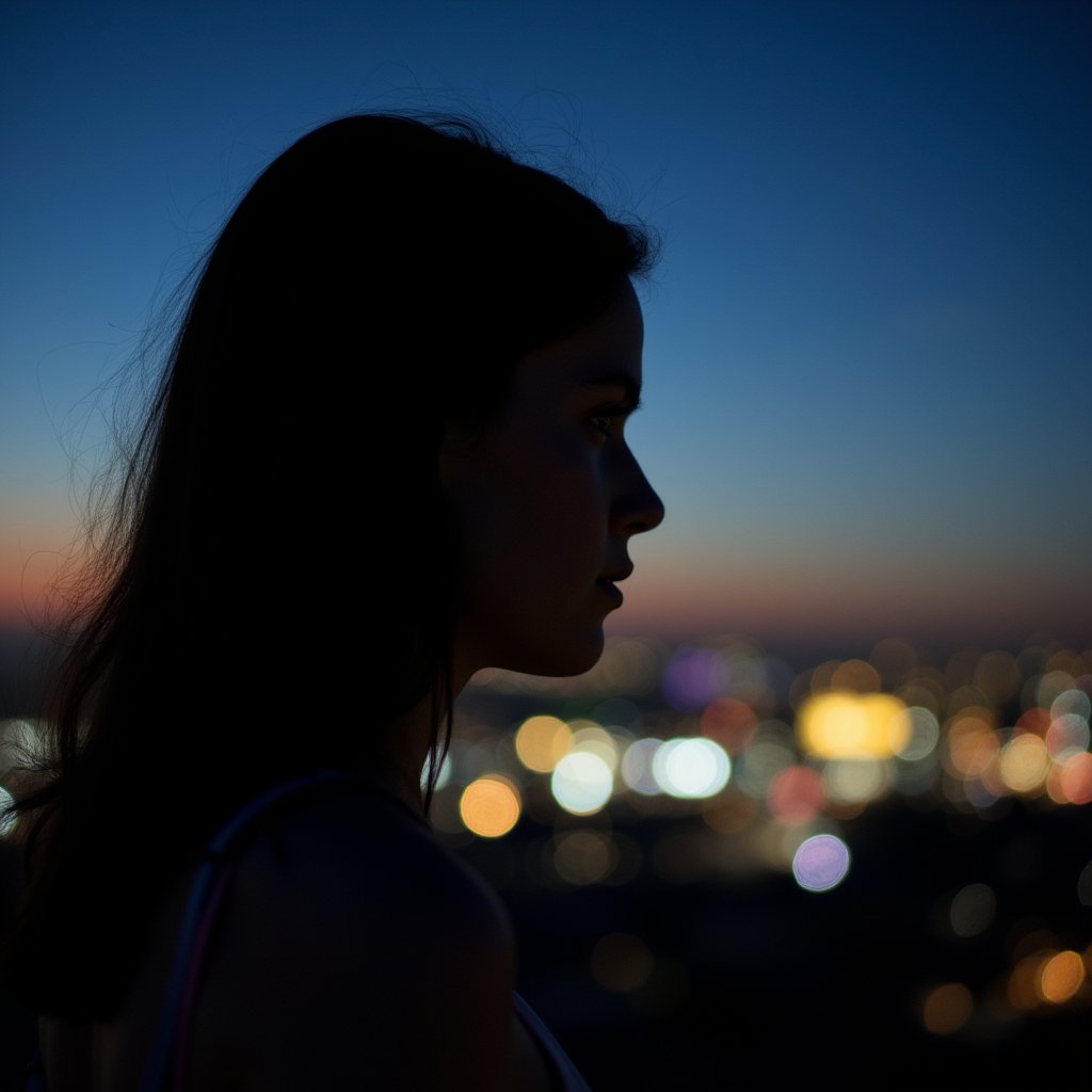 Professional photo, girl in profile, on the background of city landscape, city lights, bokeh effect, Volumetric lighting, captured by Gregory Crewdson using a Hasselblad H6D, Cinematic lighting, 8K, Ultra-HD, Super-Resolution