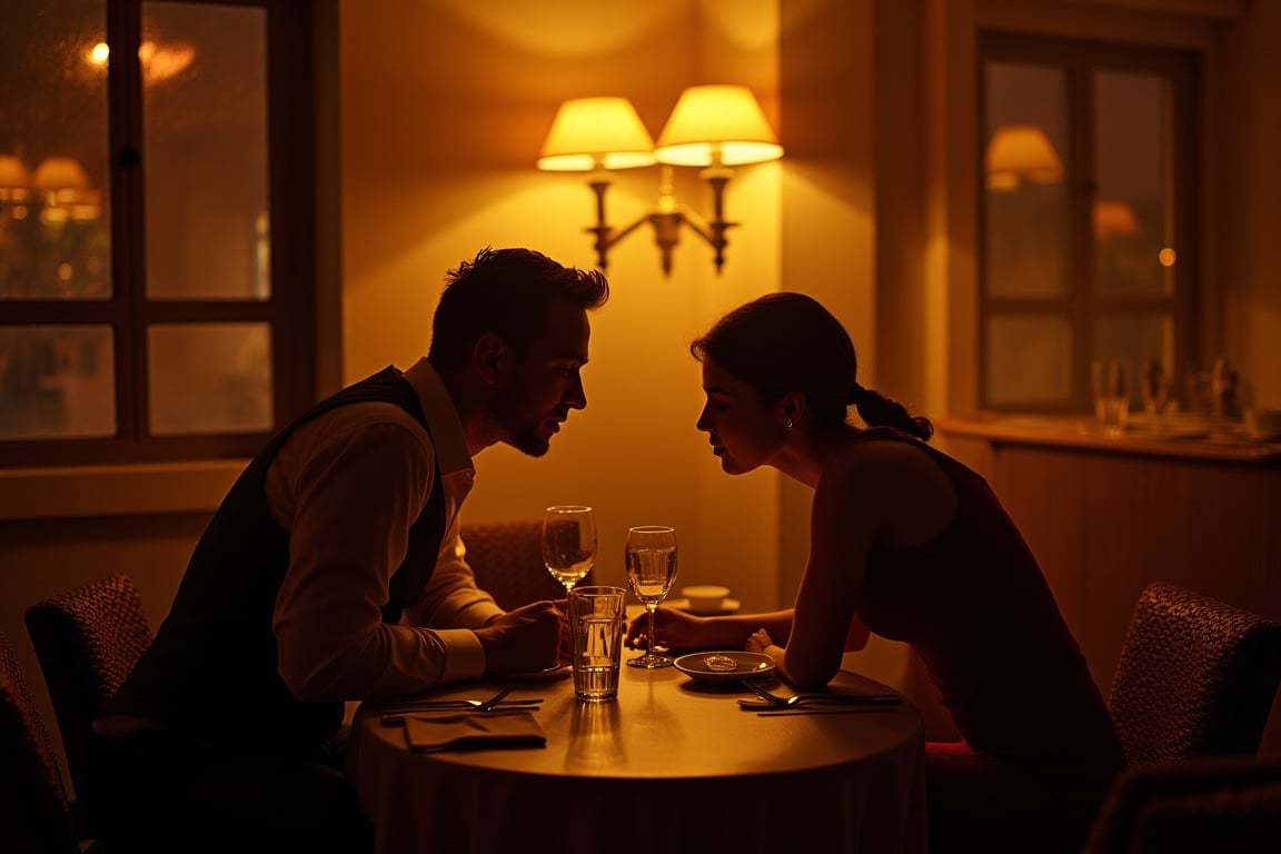 Professional photo,  a man and a woman having a romantic dinner at a table in a café ((golden ratio composition)), Volumetric lighting, captured by Gregory Crewdson using a Hasselblad H6D, Cinematic lighting, 8K, Ultra-HD, Super-Resolution