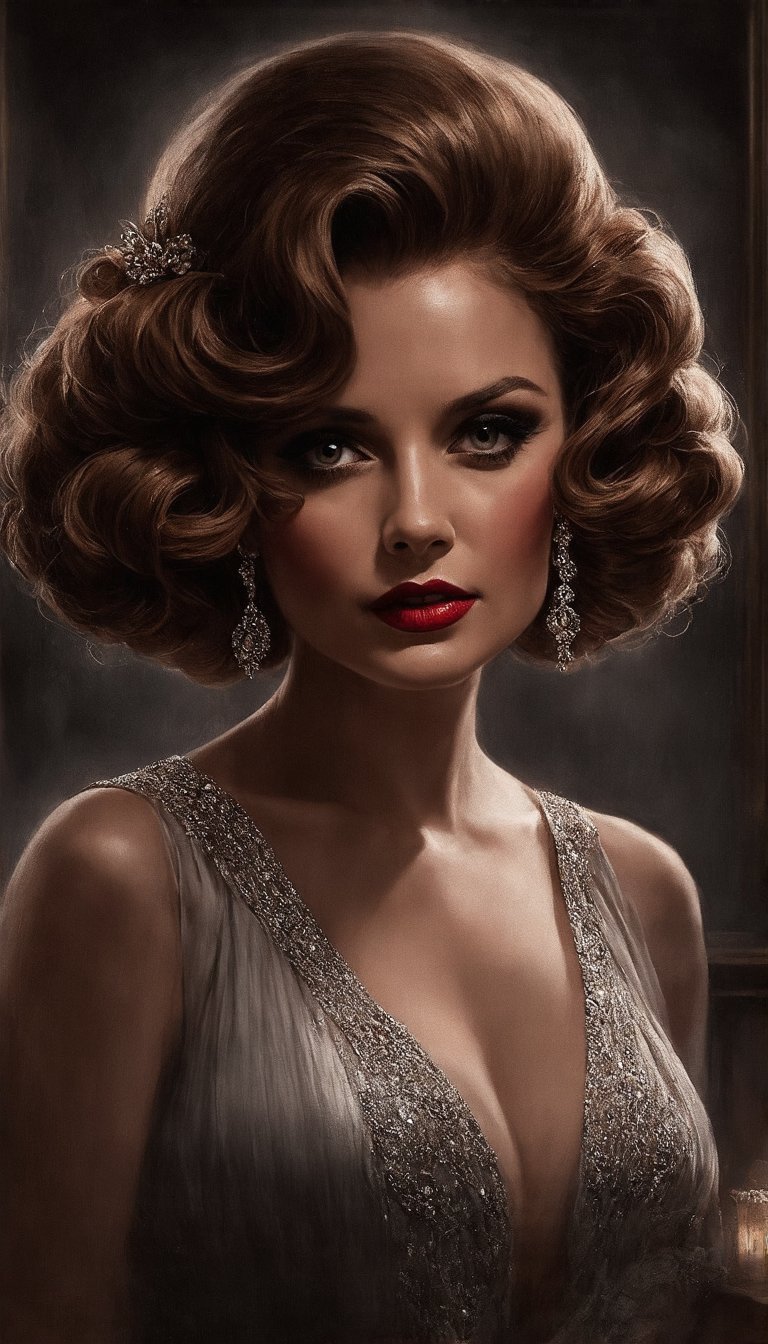 (A beguilingly elegant femme fatale, reminiscent of old Hollywood glamour, exudes the allure of "Casablanca" in every pose. Her cascading locks, styled in vintage waves, frame a face graced with smoky eyes and scarlet lips, embodying timeless beauty. The background, a smoky jazz club, sets the scene for intrigue and romance. This hyper-realistic painting captivates with its exquisite attention to detail, evoking the golden age of cinema with stunning clarity and depth), Detailed Textures, high quality, high resolution, high Accuracy, realism, color correction, Proper lighting settings, harmonious composition, Behance works,cocoart