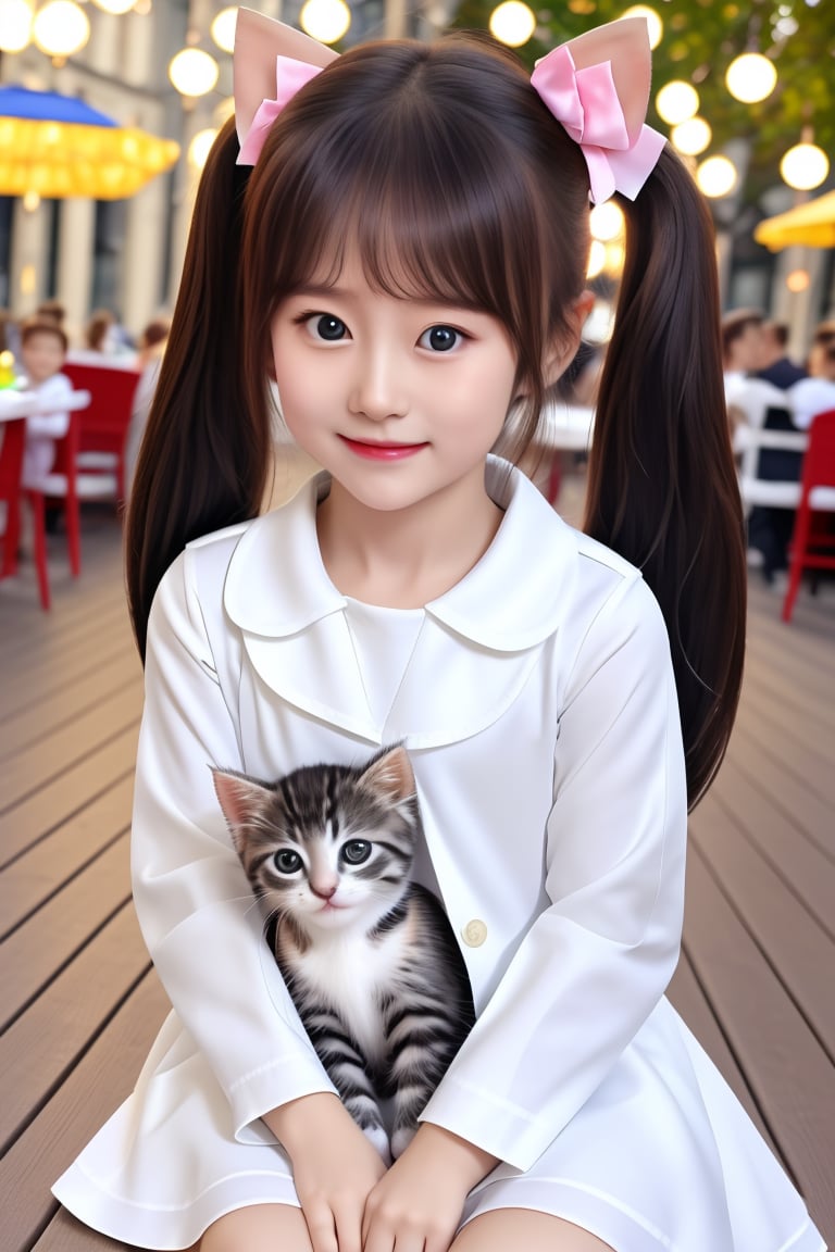 a three-year-old girl drinking coffee and a delicious croissant, with a bow in her hair, a very sweet smile, big, sweet and detailed eyes, an elegant dress, sitting on the terrace of an outdoor cafe, and Your (((kitten stand beside))), spring landscape background, lots of space in front, background very light toned, nice colors, all details, hdr, soft backlight
1 : 1,liuyifei,poakl,xcygirl