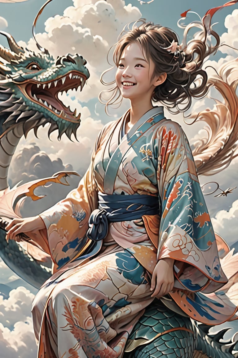 (young girl riding on top of a dragon while the dragon flies above the cloud, in the style of Loish), smiling and beautiful, kimono, laughing and having fun, (hair blowing in the wind, god rays), (heavenly and ethereal:1.3), More Detail XL, princess