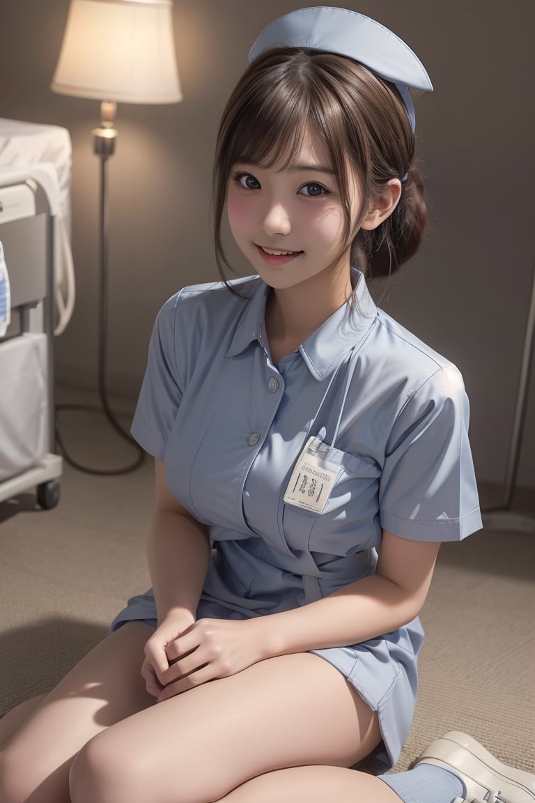 Masterpiece, best quality, super high resolution, (photorealism: 1.4), RAW photo, full body shot, natural lighting, hospital, parted lips, (brown hair), high school student, (bangs), beautiful Japanese young girl, (teenager: 1.5), (breasts about to burst: 1.3), (looking at another person laughing: 1.1) , cute straight, low ponytail, nurse uniform, nurse cap, ward, smile, white, nurse uniform,cute_girl,(((reai human picture)))