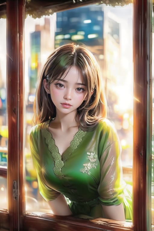 A young woman's introspective gaze stretches out the window of a vintage bus, framed by a worn wooden sill.Close-up big headshot, Neon lights and streetlights cast a warm golden glow on the bustling Shanghai streets below, with towering skyscrapers and busy alleys reflecting the moist sunlight. Her vibrant green cheongsam stands out against the cityscape, complemented by subtle shading on her porcelain skin. Pensive, she leans against the glass, hands moving gracefully as her lips curve in longing, lost in thought amidst the city's vitality.,perfect light,1 girl,realhands