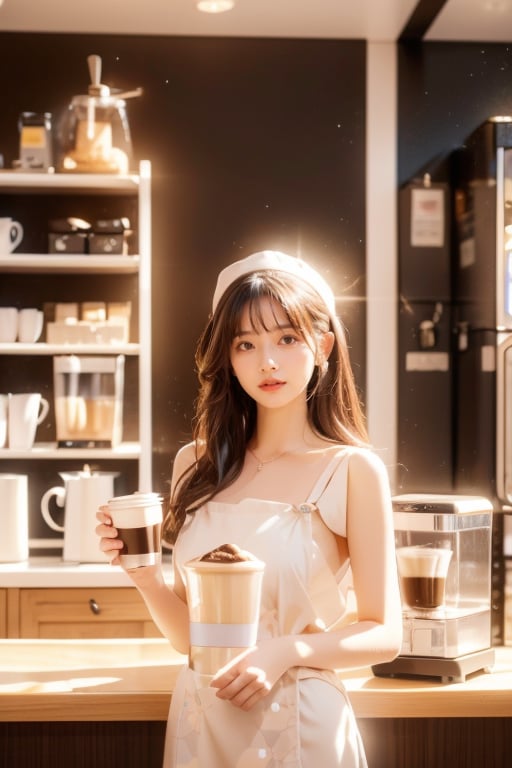 A Japanese girl in a coffee waitress costume smiles and hands a cup of fragrant coffee to a customer in a colorful coffee shop (1.3) (cafe environment interior design, coffee machine, coffee cups, shelves, coffee shop: 1.2). Looking at a store window while waiting for a friend (realistic: 1.2), (best quality: 1.3), photo-realistic, highly detailed, high resolution RAW photo, film grain, coffeeyadream, sntm, slingshot, fashion, sexy, real hand,realhands