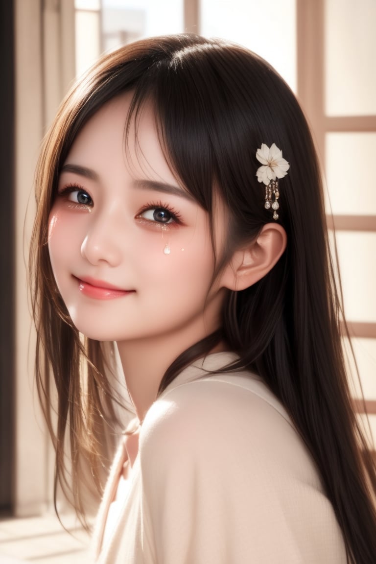 A softly lit, warmly toned portrait of a sweet-faced girl with tears in her eyes, a gentle smile still on her face, and bright black eyes that sparkle with innocence. ,Japan,Idol,Korea