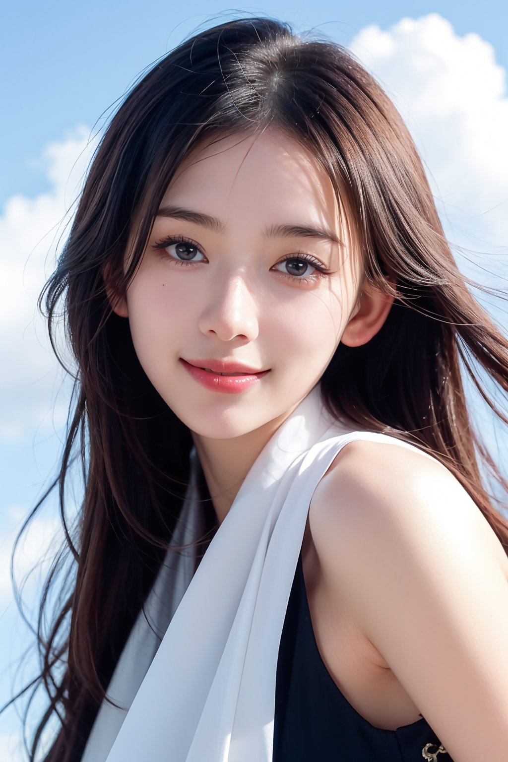 A captivating digital art portrait of a young woman ,positioned in the right third of the frame.Natural light, sunlight coming from the left side, creating a contrast of light and shadow.Shot from a slightly low angle, the subject is smiling with her head slightly tilted up.Background: Clear blue sky with white clouds, simple and uncluttered, perfect light,1 girl,guanxiaotong, linzhiling,beauty