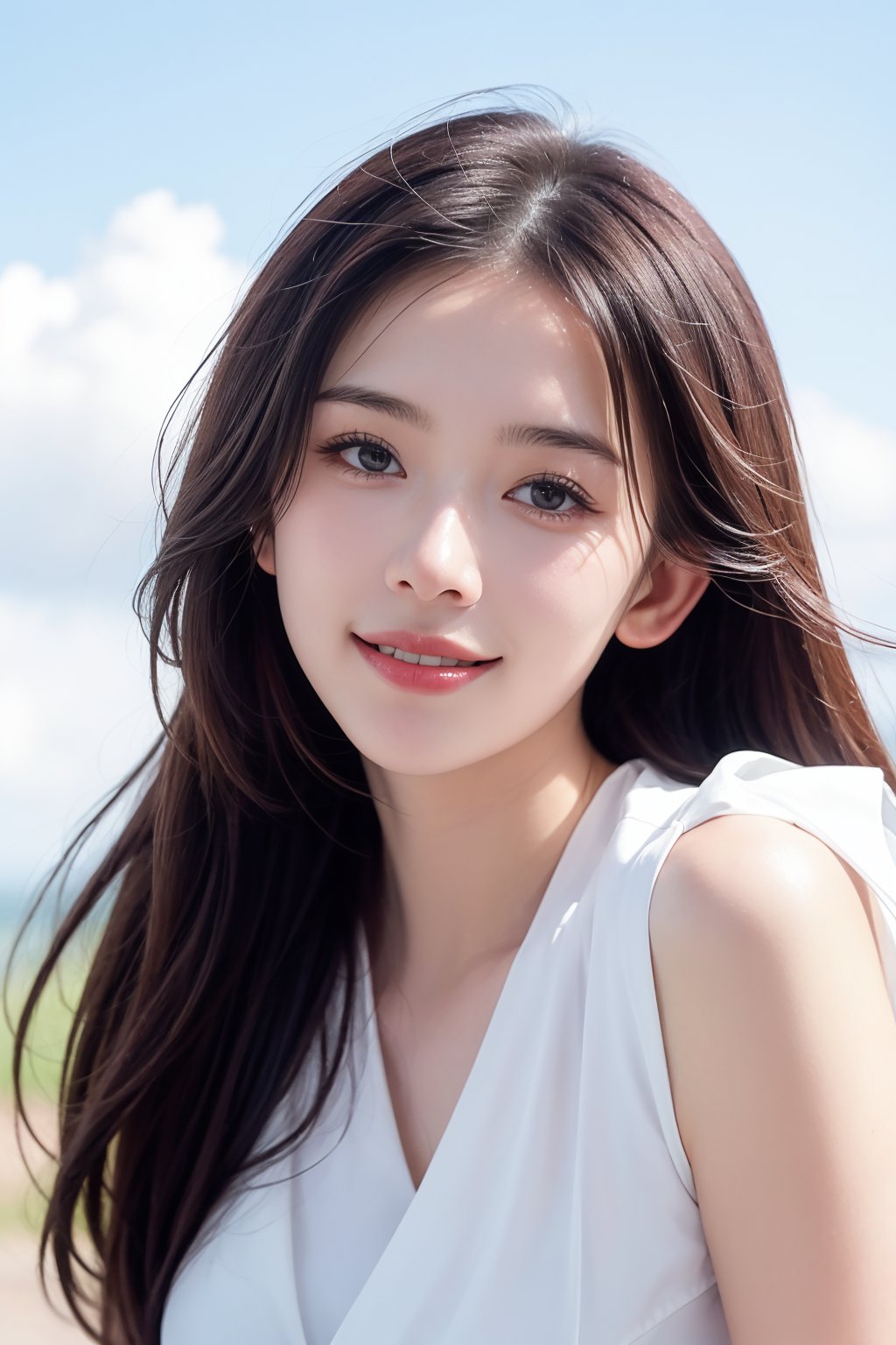 A captivating digital art portrait of a young woman ,positioned in the right third of the frame.Natural light, sunlight coming from the left side, creating a contrast of light and shadow.Shot from a slightly low angle, the subject is smiling with her head slightly tilted up.Background: Clear blue sky with white clouds, simple and uncluttered, perfect light,1 girl,guanxiaotong, linzhiling,beauty