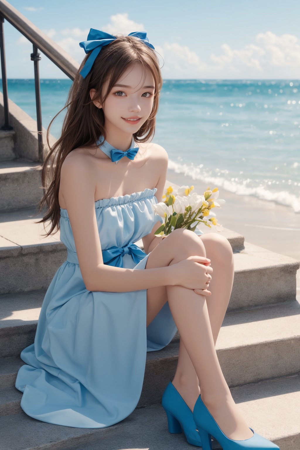 1girl, 16 yo, solo, long hair, looking at the viewer,  bright sunny smile, bangs, brown hair, strapless, blue dress, upper body, outdoors, holding flowers in hand, bow, ribbon, hair ribbon,  hairband,  parted lips,  bowtie, lips,  bow,  ribbon, realistic, sky, day, cloud, blue footwear, stairs, ocean, realistic hands