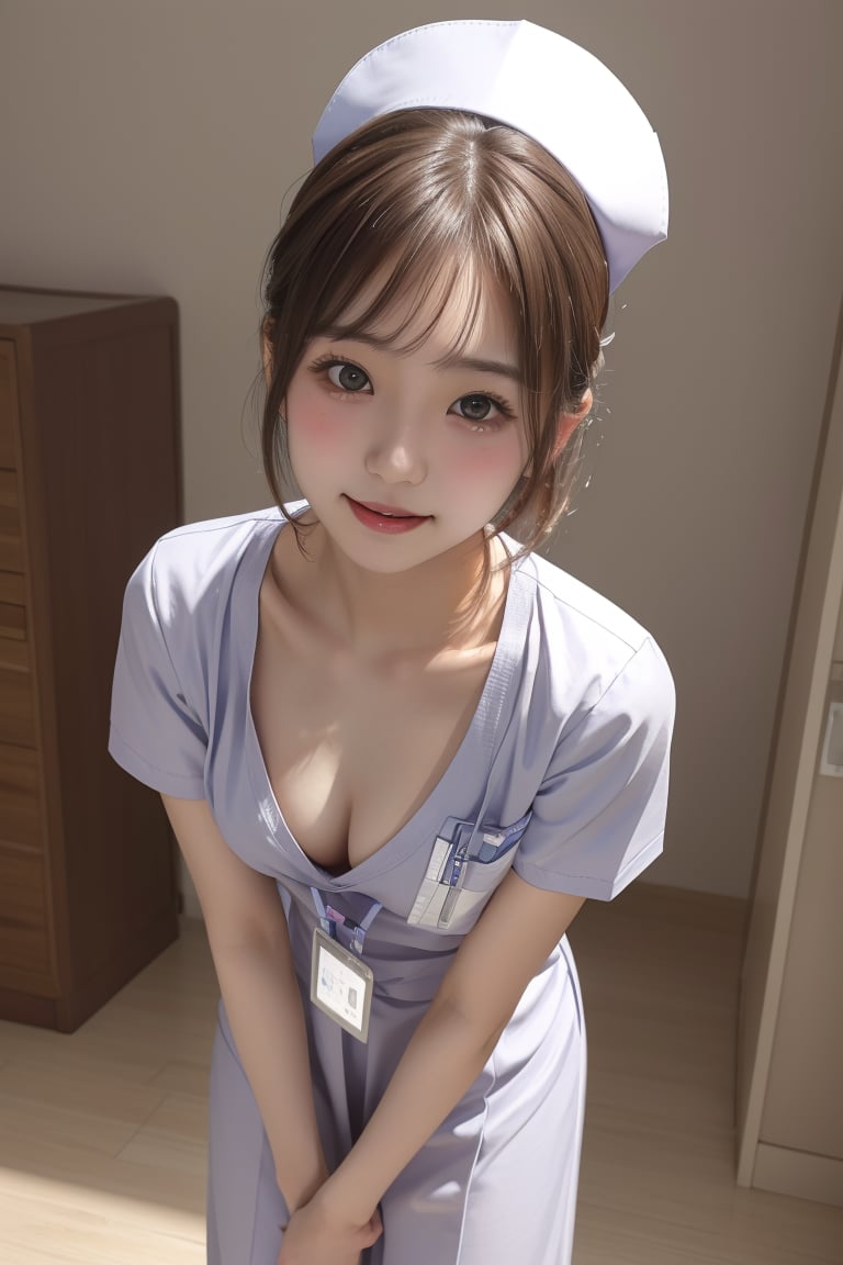 (((medium chest, straight back))),Masterpiece, best quality, super high resolution, (photorealism: 1.4), RAW photo, full body shot, natural lighting, hospital, parted lips, (brown hair), high school student, (bangs), beautiful Japanese young girl, (teenager: 1.5), (breasts about to burst: 1.3), (looking at another person laughing: 1.1) , cute straight, low ponytail, nurse uniform, nurse cap, ward, smile, white, nurse uniform,cute_girl,(((reai human picture))),masterpiece