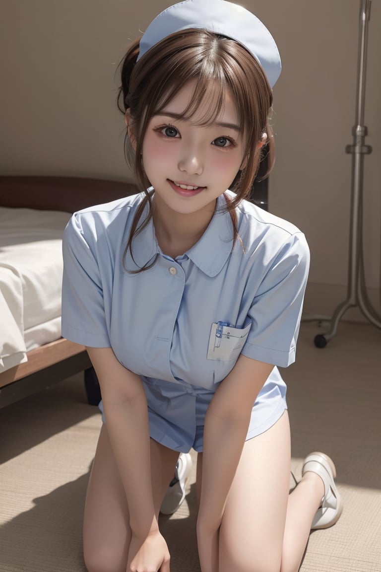 Masterpiece, best quality, super high resolution, (photorealism: 1.4), RAW photo, full body shot, natural lighting, hospital, parted lips, (brown hair), high school student, (bangs), beautiful Japanese young girl, (teenager: 1.5), (breasts about to burst: 1.3), (looking at another person laughing: 1.1) , cute straight, low ponytail, nurse uniform, nurse cap, ward, smile, white, nurse uniform,cute_girl,(((reai human picture))),masterpiece