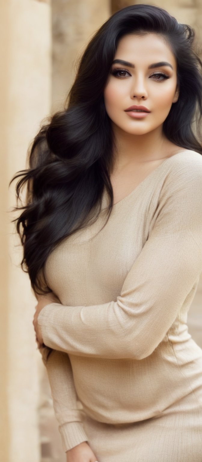 Close-up shot of a stunning woman standing against a warm, beige-toned backdrop. Her long, luscious black hair falls down her back like a waterfall, framing her face and neck. She wears a snug-fitting sweater dress that showcases her curves, drawing attention to her voluptuous figure. As she turns her head, her bright eyes lock onto the camera, her full lips curving into a subtle, enigmatic smile. The soft lighting casts a flattering glow on her skin, accentuating the contours of her face and highlighting the sparkle in her eyes.