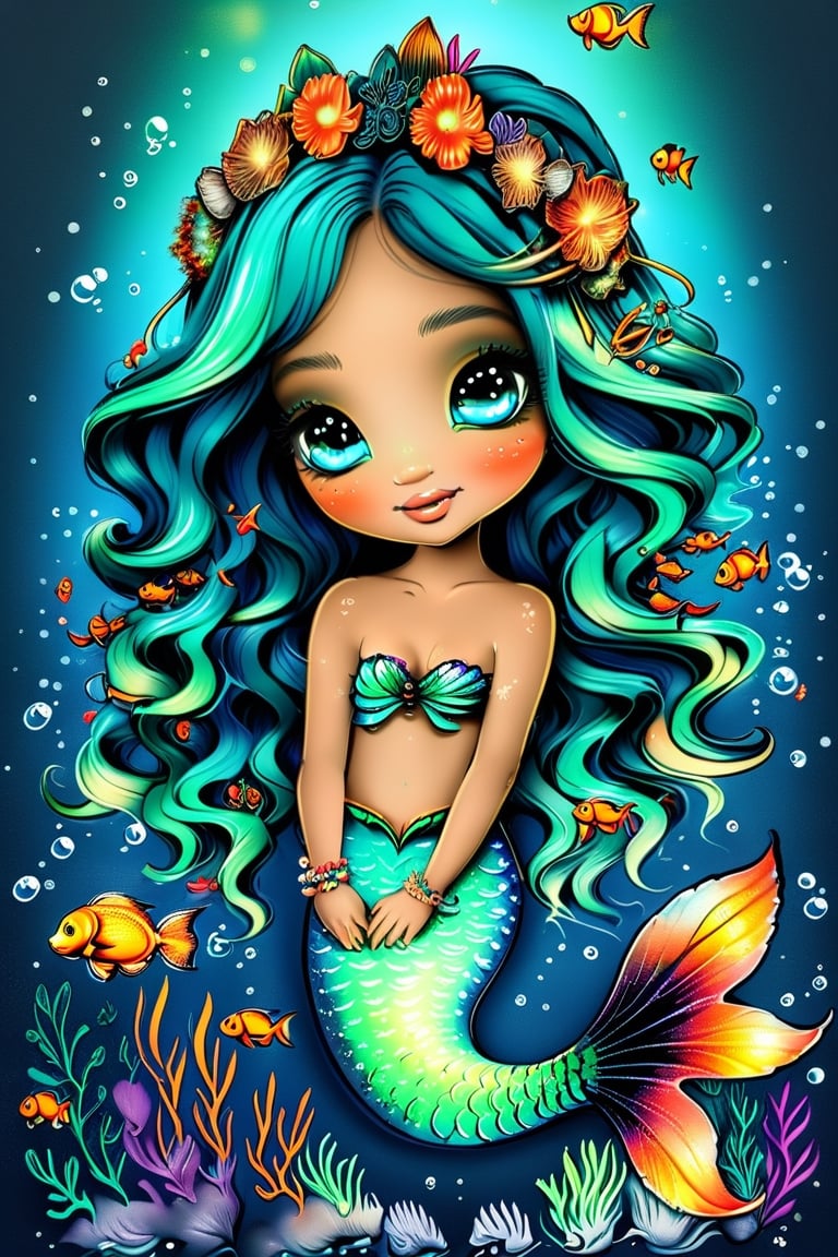 Vibrant underwater scene: Mermaid 'Siren's Song' by Grimmy. A majestic mermaid, adorned with seashell headpiece and wrist bracelet, poses amidst a kaleidoscope of marine life. Iridescent hair flows like sea anemones, while her expressive eyes sparkle like bioluminescent creatures. A sea of blue-green hues serves as backdrop for the whimsical scene, punctuated by bursts of orange and coral. Framed by lush seaweed, the mermaid's scaled tail glimmers in the soft, golden lighting. Signed 'Grimmy' at the lower right corner.