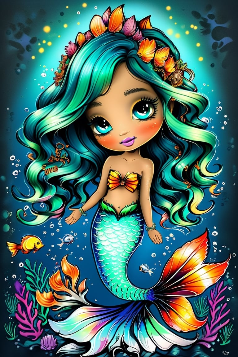 Vibrant underwater scene: Mermaid 'Siren's Song' by Grimmy. A majestic mermaid, adorned with seashell headpiece and wrist bracelet, poses amidst a kaleidoscope of marine life. Iridescent hair flows like sea anemones, while her expressive eyes sparkle like bioluminescent creatures. A sea of blue-green hues serves as backdrop for the whimsical scene, punctuated by bursts of orange and coral. Framed by lush seaweed, the mermaid's scaled tail glimmers in the soft, golden lighting. Signed 'Grimmy' at the lower right corner.