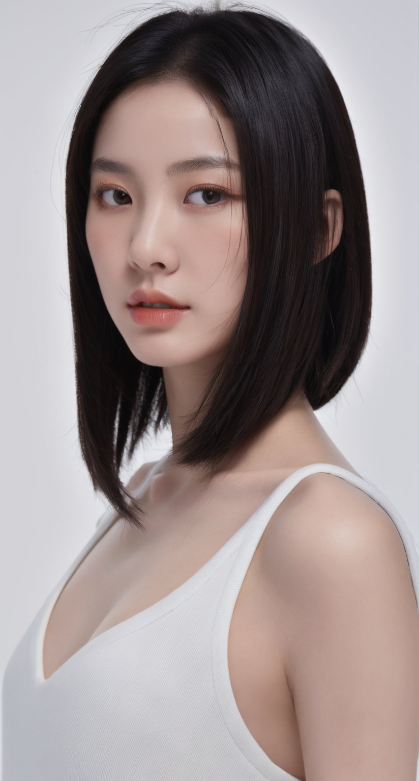 masterpiece,best quality,a Chinese young girl,white background,black hair,long bob hair,face front,close-up:1,studio light,studio,side light,makeup portrait,wear white top,