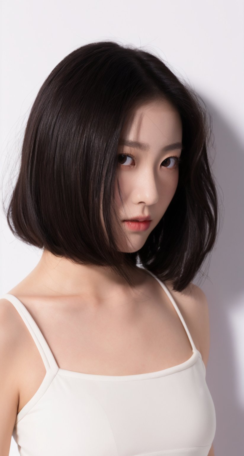 masterpiece,best quality,a Chinese young girl,white background,black hair,long bob hair,face front,close-up:1,studio light,studio,side light,makeup portrait,wear white top,