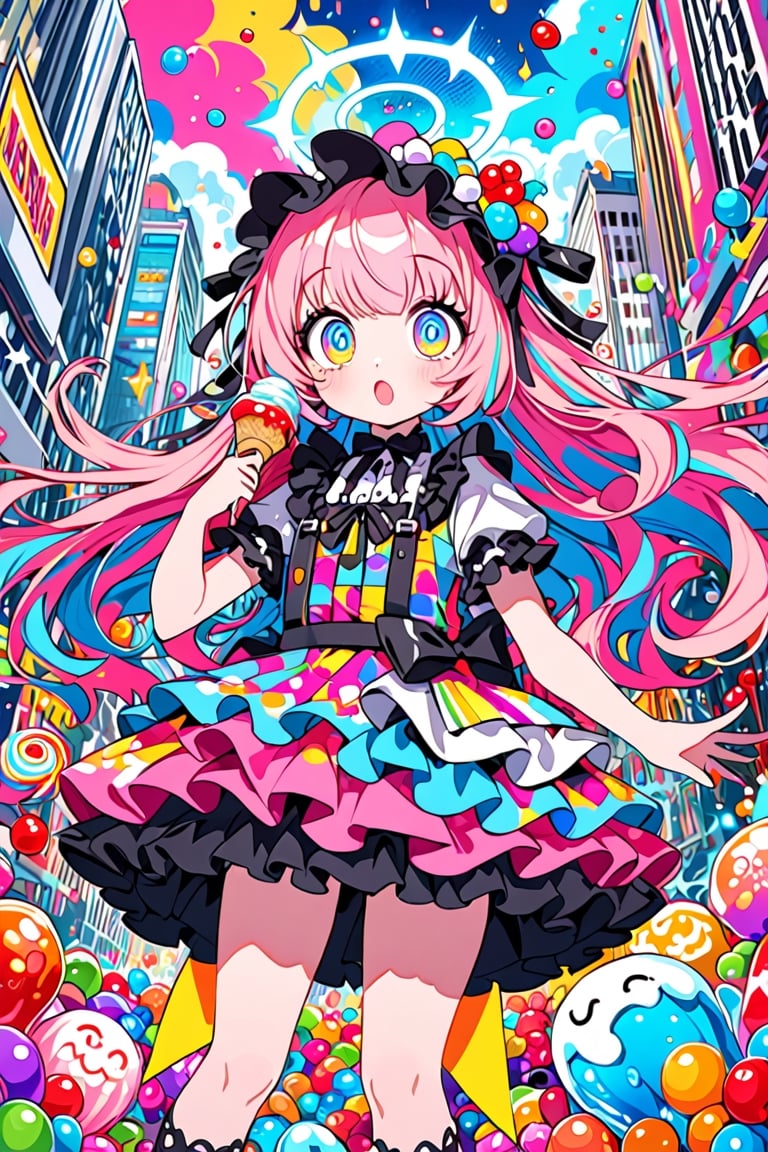 In a whimsical fusion of children's doodle style and Colorful pop art, an emo-pink Lolita girl proudly wears a dress crafted from swirling layers of jelly and ice cream. Her big eyes sparkle like candy-coated gems, surrounded by a halo of brightly colored berry beans. The composition is maximalist, with bold brushstrokes and vibrant hues. In the background, a Dal-6 inspired cityscape bursts with Color Splash chaos, as if the girl's very presence has unleashed a sugary storm.