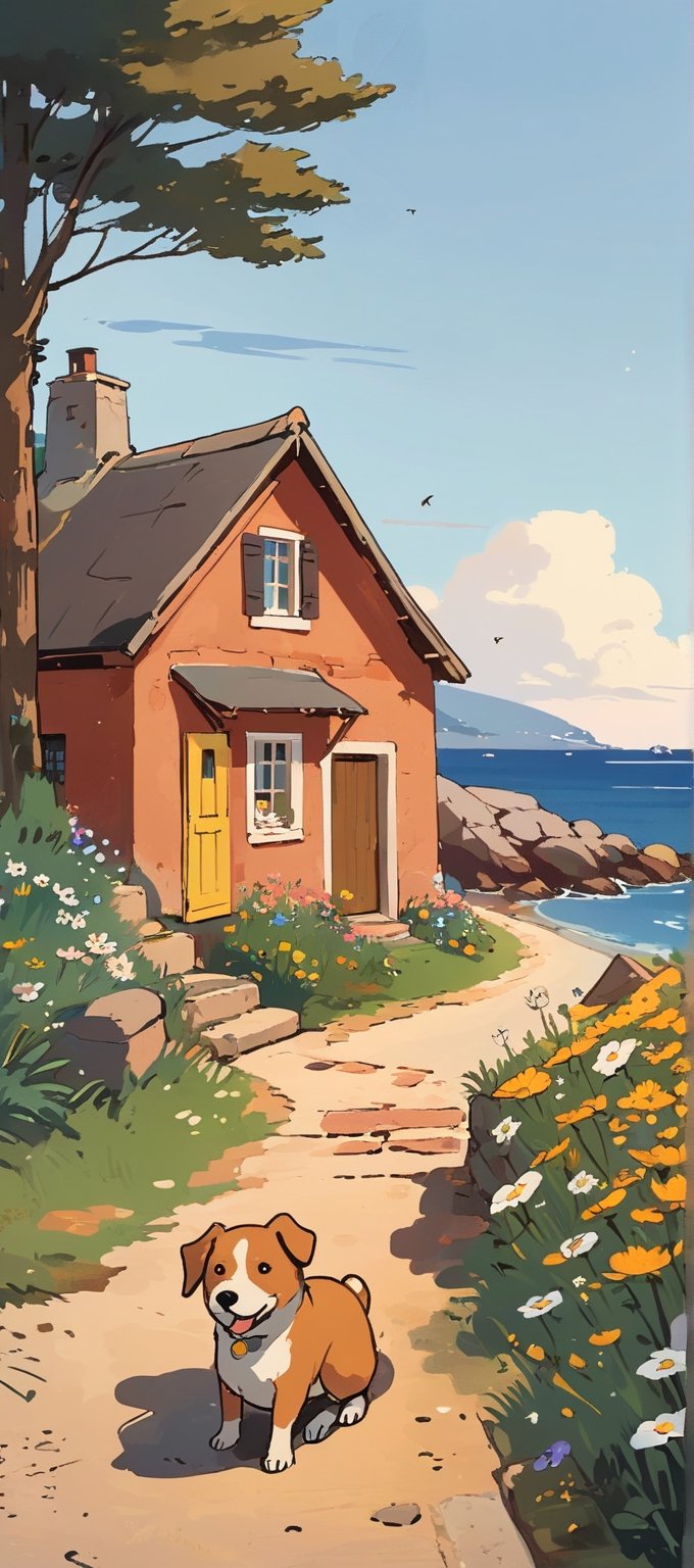 Beautiful house in a seaside village, a large house made of cozy red clay soil with a yellow door and open windows, pine trees and cosmos blooming along the road, next to a stone path, uneven stepping stones lead up to the house, a dog A girl is sleeping face down in front of the door. Small waves crash against the sea shore. A girl is playing with her dog.