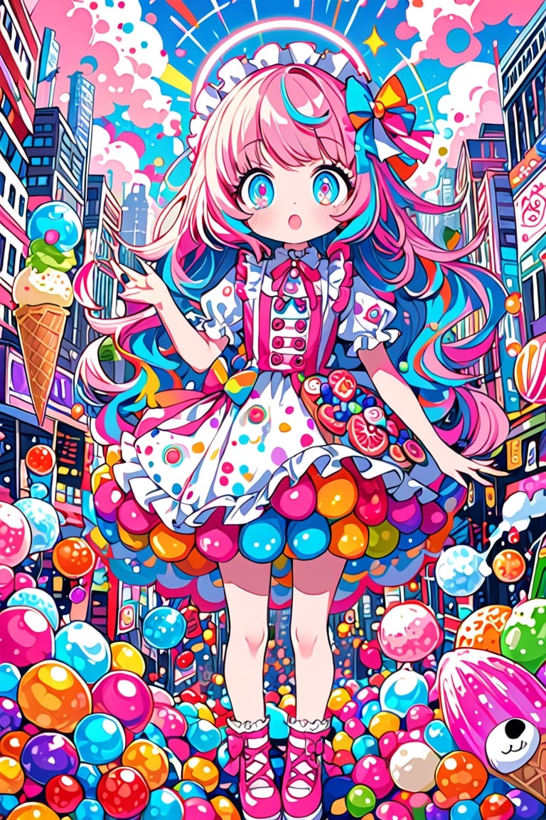 In a whimsical fusion of children's doodle style and Colorful pop art, an emo-pink Lolita girl proudly wears a dress crafted from swirling layers of jelly and ice cream. Her big eyes sparkle like candy-coated gems, surrounded by a halo of brightly colored berry beans. The composition is maximalist, with bold brushstrokes and vibrant hues. In the background, a Dal-6 inspired cityscape bursts with Color Splash chaos, as if the girl's very presence has unleashed a sugary storm.