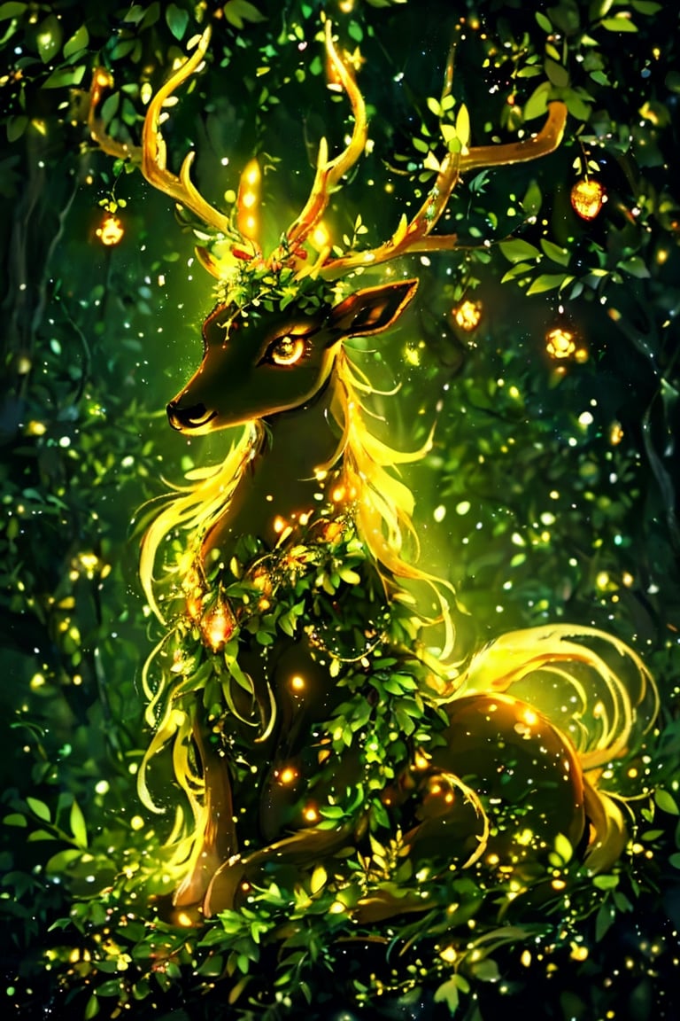 A mystical deer-like creature, adorned with glowing, golden-yellow eyes and intricately designed antlers that resemble intertwined branches. The creature's body is intertwined with vibrant greenery, including leaves and small luminescent plants. The background is a deep, enchanting forest with a dark ambiance, punctuated by floating golden orbs and specks of light. The deer appears to be in a serene state, surrounded by a magical aura.