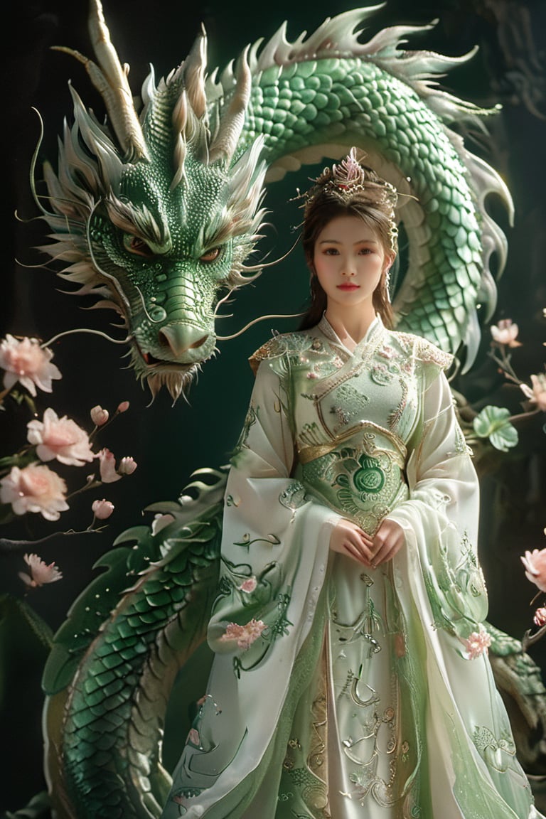 A serene scene unfolds: a woman, resplendent in traditional green and white attire, stands beside a majestic green dragon. Her ornate headpiece glimmers softly as she cradles a delicate object. The dragon's intricate scales and calm expression create a sense of harmony as it wraps around her, forming a protective bond. Against the dark backdrop, subtle lighting highlights the duo, while floating pink flowers add to the ethereal ambiance.,more detail XL,glitter