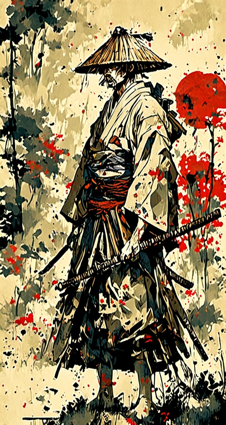 Worn and dirty soiled male kimono,Katana at waist,dirty skin,torn large traditional Japanese Bamboo conical hat,(he has long toothpick in mouth),perfect hand,perfect anatomy,
1 middle man ,Japanese Medieval age foreigne,hakama,Japanese style gaiter,
(black hair),A SAMURAI who has fought on the battlefield for a long time and considers the honor of a samurai to be his first priority,Holding Bamboo flute,
In massive Medieval battle field ruins,broken flag,smoke,
,SamuraiXQuiron man,A Traditional Japanese Art