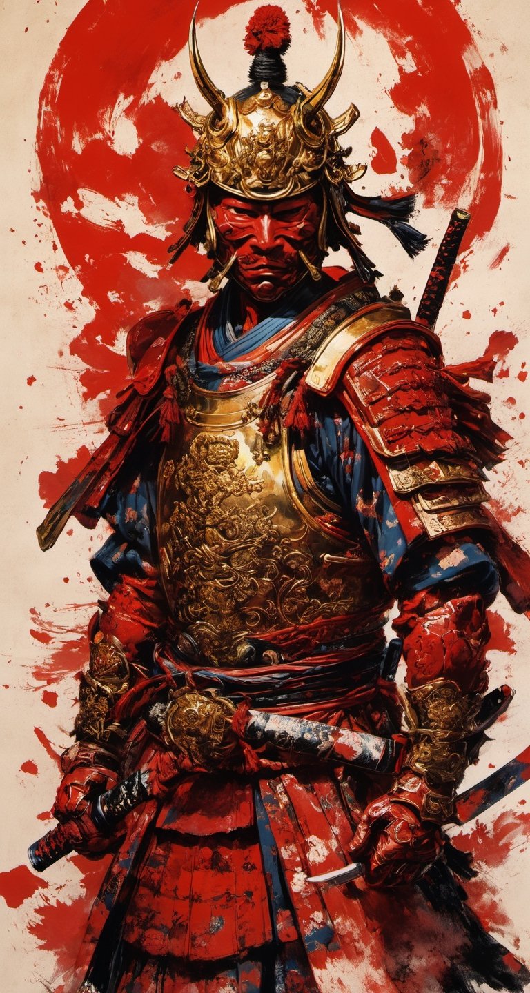 A fierce samurai stands clad in intricately crafted traditional armor adorned with golden accents. The imposing red demon mask, meticulously designed with expressive features, adds a touch of ominous charm to the warrior's countenance. The helmet, highlighted by an elaborate golden front crest, exudes a sense of regality and strength. The artist skillfully employs bold brushstrokes to depict the samurai, conveying both the fine details of the armor and the dynamic energy of the scene.,Movie Poster,japanese art