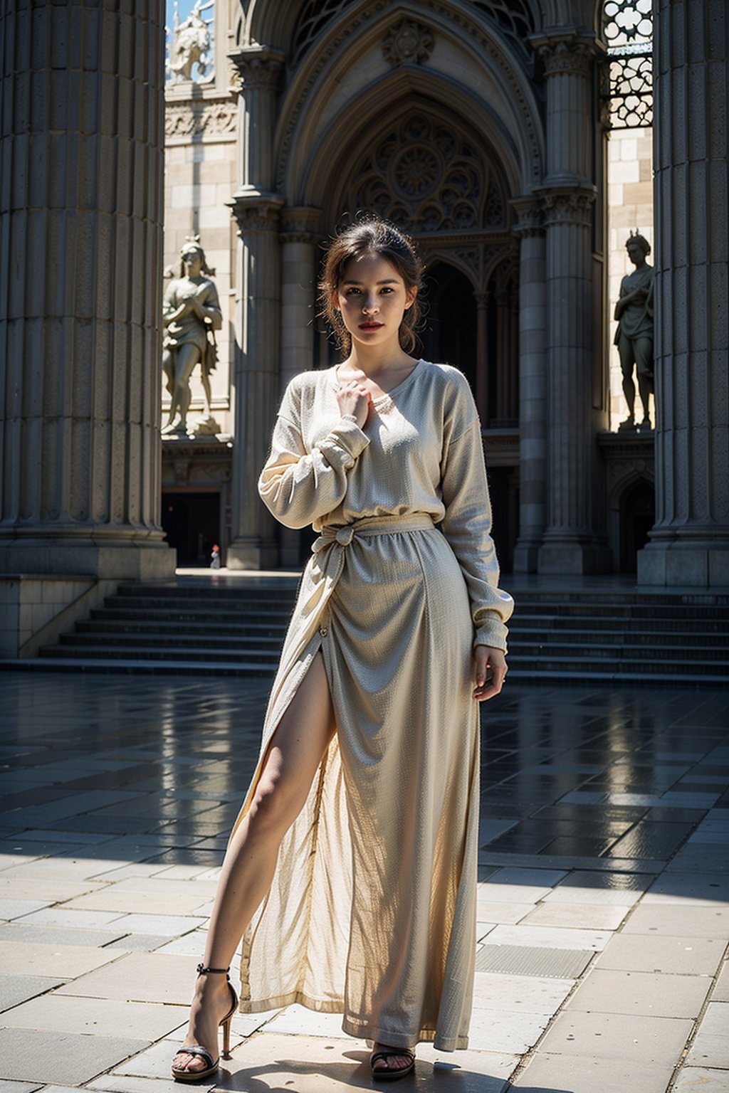 Full-body shot of Sayaka Yumi standing confidently in front of Notre-Dame de Paris's iconic Gothic façade. Soft afternoon light casts a warm glow on her striking features, highlighting the contrast between her dynamic pose and the majestic architecture. She stands tall, exuding poise and style, with her outfit perfectly complementing her energetic yet refined presence. The ensemble, a blend of modern chic and timeless elegance, adds to her captivating aura as she takes center stage in front of the historic cathedral's imposing towers.