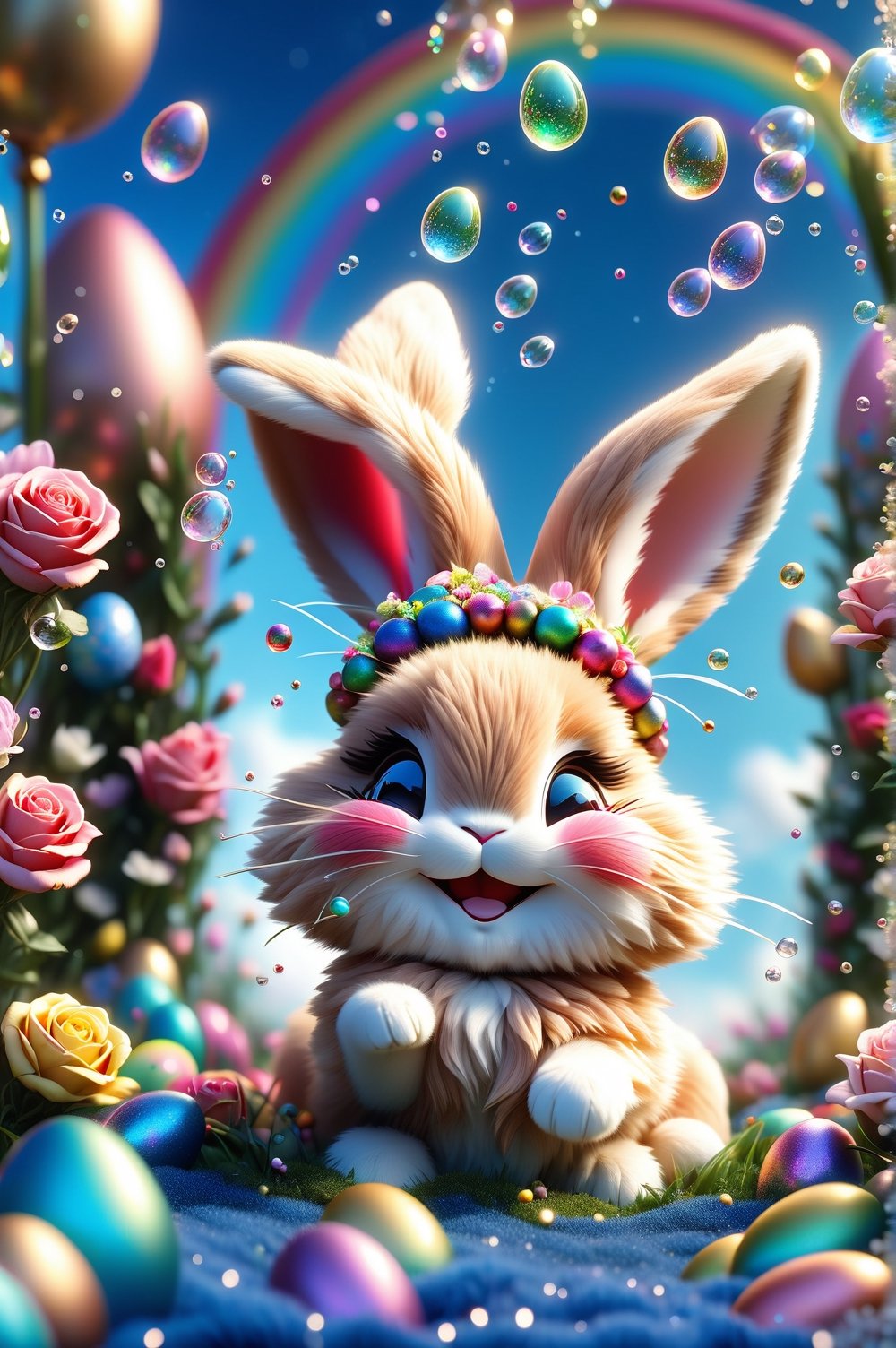 Chibi bunny (bunny fur:1.5) smiling charmingly, nestled among roses, gifts and golden seeds, framed by a verdant lawn dotted with Easter eggs, against a backdrop of blue skies and rainbow arches with floating soap bubbles, in a charmingly pose, photographed by Miki Asai with macro lens precision, trending on ArtStation with Greg Rutkowski's detailed fantasy style in 9k resolution, sharp focus aperture F 1.5, intricate details, setting studio photography, ultra high