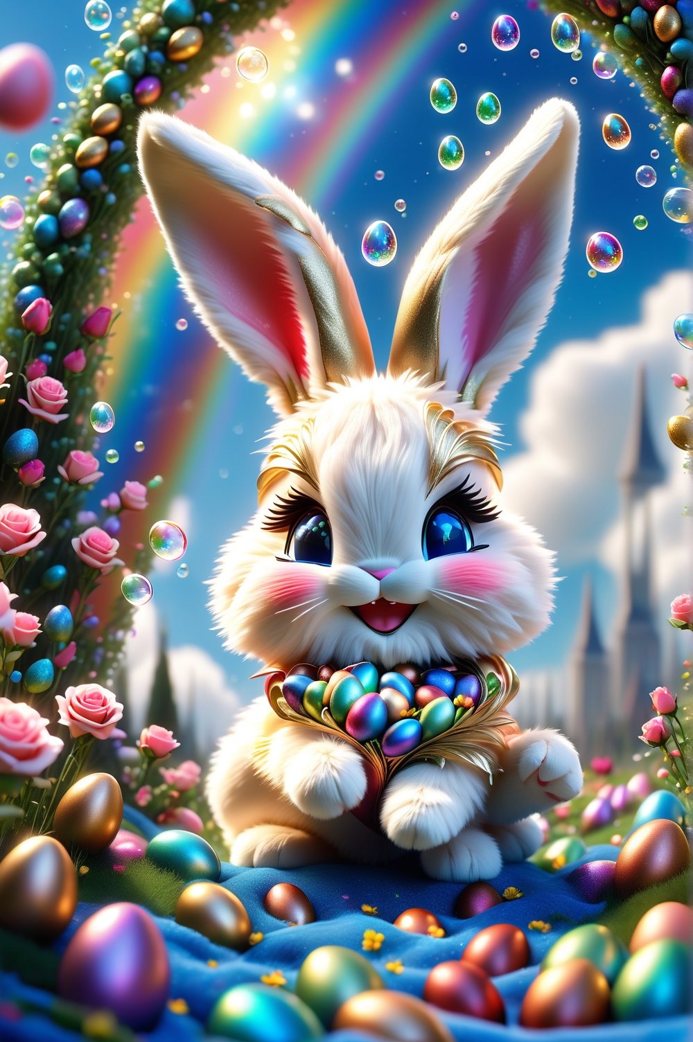 Chibi bunny (bunny fur:1.5) smiling charmingly, nestled among roses, gifts and golden seeds, framed by a verdant lawn dotted with Easter eggs, against a backdrop of blue skies and rainbow arches with floating soap bubbles, in a charmingly pose, photographed by Miki Asai with macro lens precision, trending on ArtStation with Greg Rutkowski's detailed fantasy style in 9k resolution, sharp focus aperture F 1.5, intricate details, setting studio photography, ultra high