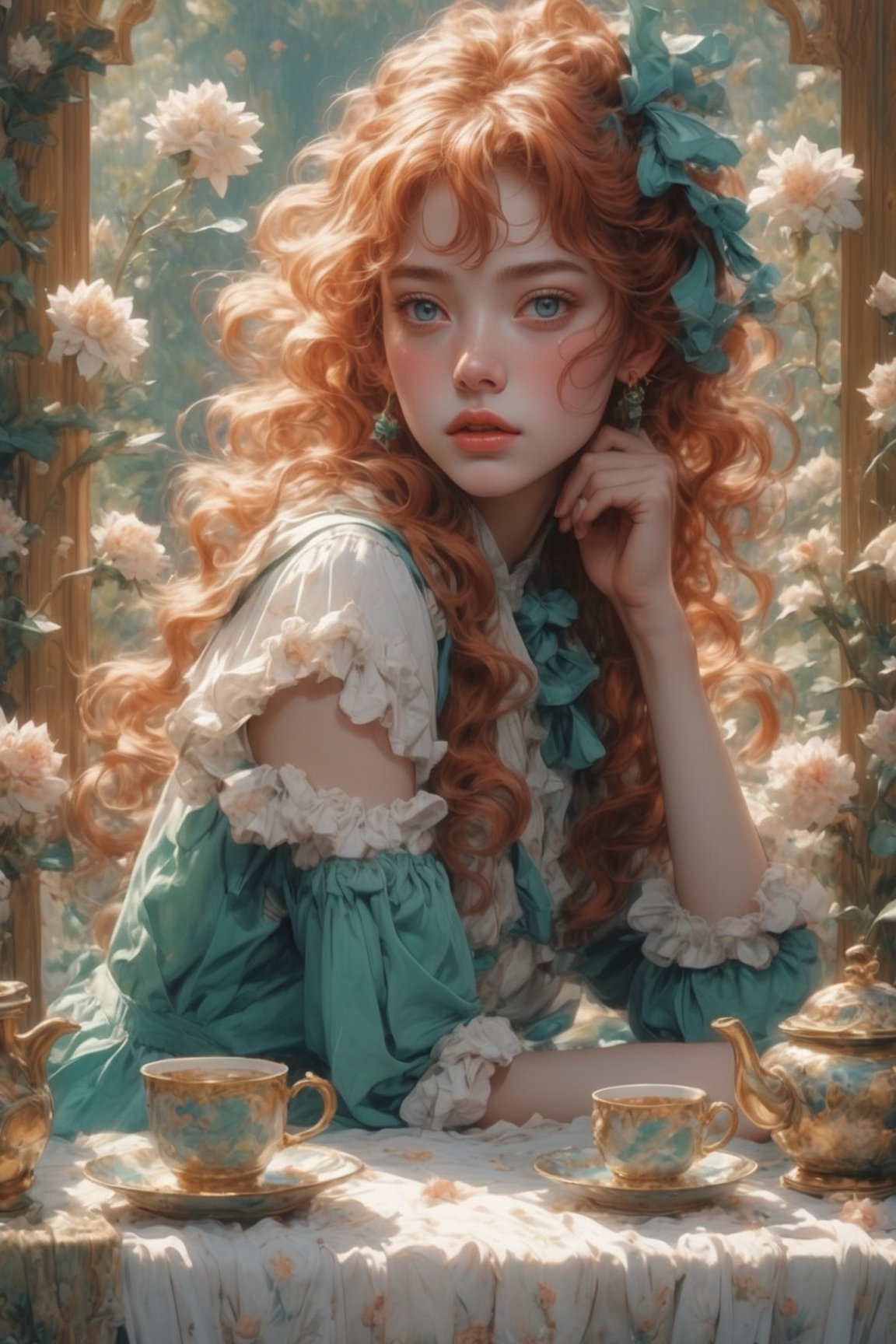 In Emerald Whispers: A Captivating Still Life by kyo8sai, a stunning anime girl sits majestically amidst a summer dress with ruffled bows and tea set still life. Framed by a soft, warm light, her sharp blue eyes sparkle like sapphires, drawing the viewer in. Her flowing red hair cascades around her face, adorned with delicate freckles and a subtle blush. The tea set's intricate patterns invite contemplation of aromatic tea filling the air.