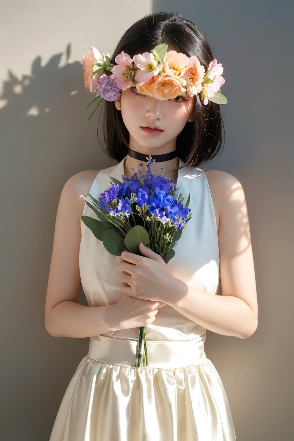 analog photo, a cute girl, 22 years old, black hair, pale skin,White soft satin skirt, choker,((using flowers cover left eyes)), vintage, faded film, film grain,  dark background,Illustration,beautiful deatailed shadow,dust,tyndall effect,lots of detail,hyperdetalization,Upper body,dreamgirl