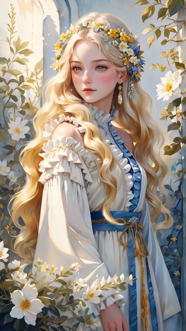 masterpiece, top quality, best quality, official art, beautiful and aesthetic:1.2), extreme detailed. 1 girl, long blonde hair, flowers and leaves entwined within her tresses, shades of white and yellow, wearing white top, ruffled detailing, embroidered pastel color floral chest motif, sleeves billowing at shoulders, tapering to wrists, hands clasped, soft and delicate aesthetic, intricate details in hair and clothing, light-hued background, subject focused, digital painting,watercolor \(medium\)