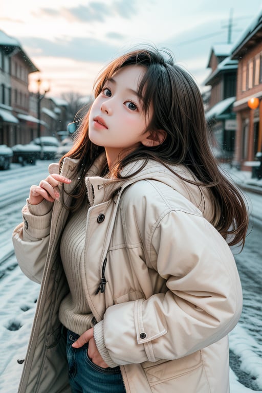 cute girl, long hair, fashion coat, pink winter coat, Jeans, standing looking up at the sky as snow is falling, winter city, cloudy, 4K, ultra HD, RAW photo, realistic, masterpiece, best quality, beautiful skin, white skin, 50mm, medium shot, outdoor, half body, photography, Portrait, ,chinatsumura, high fashion, snowflakes