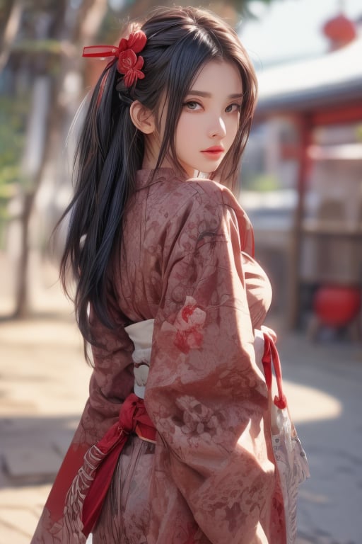 1girl, solo, long hair, looking at viewer, bangs, black hair, hair ornament, long sleeves, bow, ribbon, holding, jewelry, closed mouth, upper body, braid, flower, earrings, outdoors, japanese clothes, hair flower, wide sleeves, kimono, blurry, bracelet, lips, watermark, floral print, red flower, tassel, hand fan, hair over shoulder, lantern, folding fan, red lips, holding fan