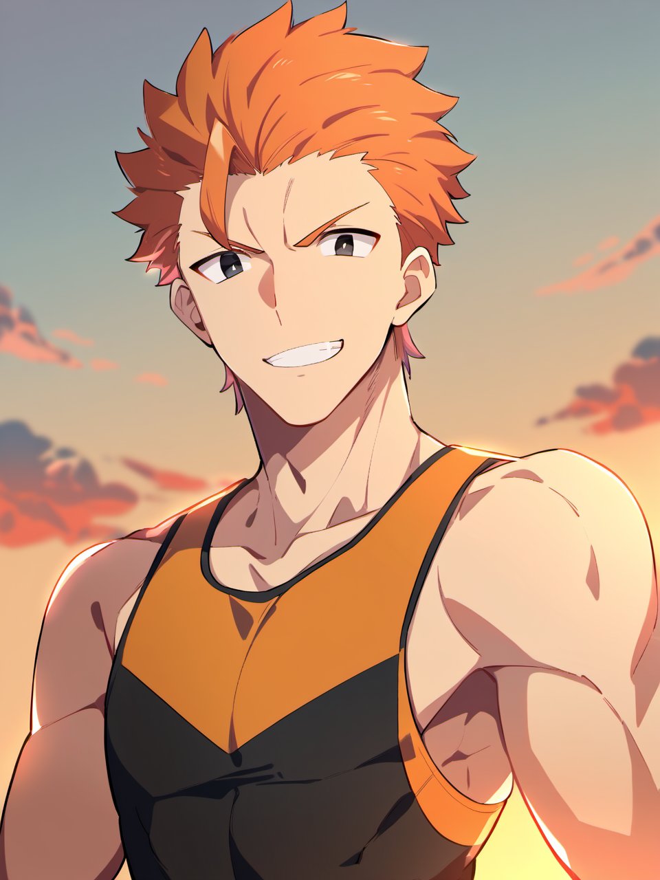 masterpiece, best quality, amazing quality, best aesthetic, absurdres, 1boy, solo, male focus, fsn_ubw_style, sunset, orange hair, short hair, orange fit tight tank top, black eyes, cool grin, looking at viewer, upper body only