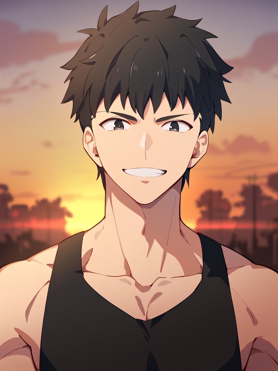 masterpiece, best quality, amazing quality, best aesthetic, absurdres, 1boy, solo, male focus, fsn_ubw_style, sunset, black hair, short hair, black fit tight tank top, black eyes, cool grin, looking at viewer, upper body only