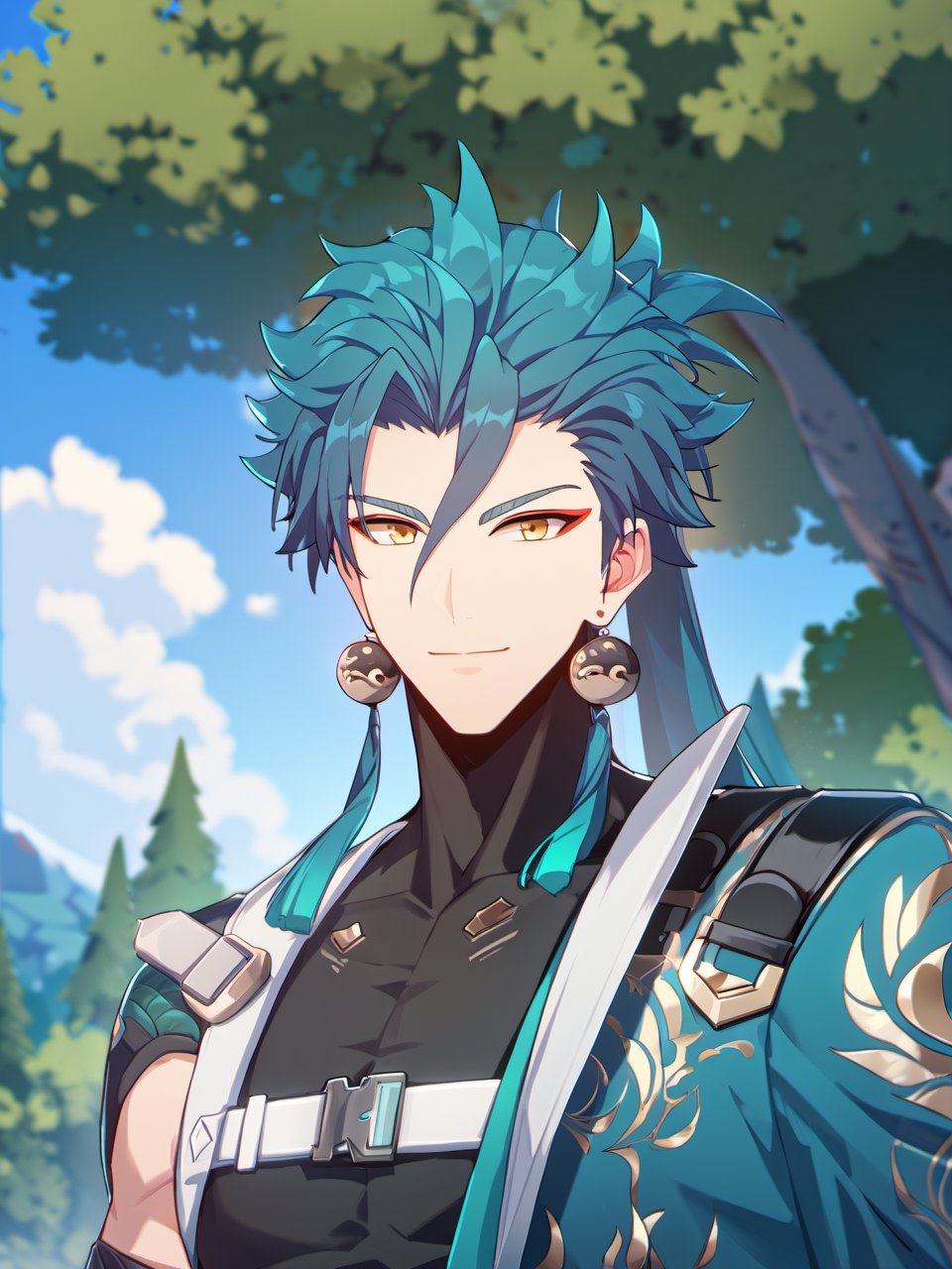 Masterpiece, best quality, amazing quality, best aesthetic, amazing quality, 1boy, solo, male focus, jiyan_wuwa, green hair, long hair, yellow eyes,red eyeliner, outside, woods, clouds, blue sky, upper body only, smile, looking at viewer