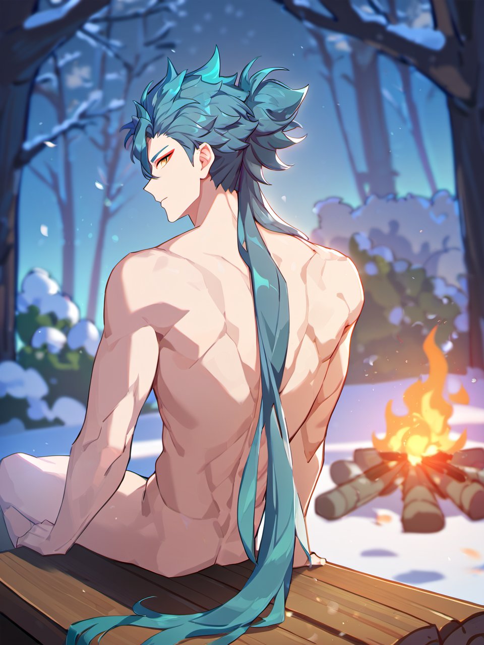 Masterpiece, best quality, amazing quality, best aesthetic, amazing quality, 1boy, solo, male focus, jiyan_wuwa, green hair, long hair, yellow eyes, red eyeliner, woods, sitting on wood, snowy night weather, shirtless,  topless male, nude, back view, campfire, 