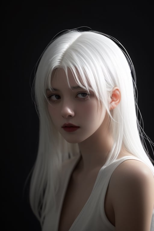 teenage girl, white hair, dark background, dramatic light