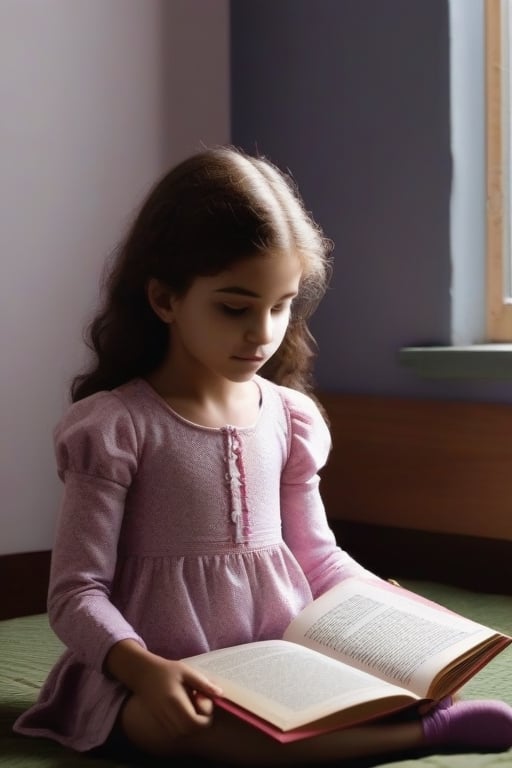 menina lendo um livro no quarto escuro