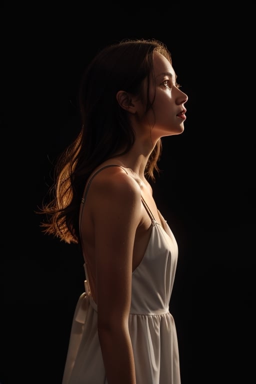 girl looking up, side view, profile, white dress with straps, dark background, dramatic lighting