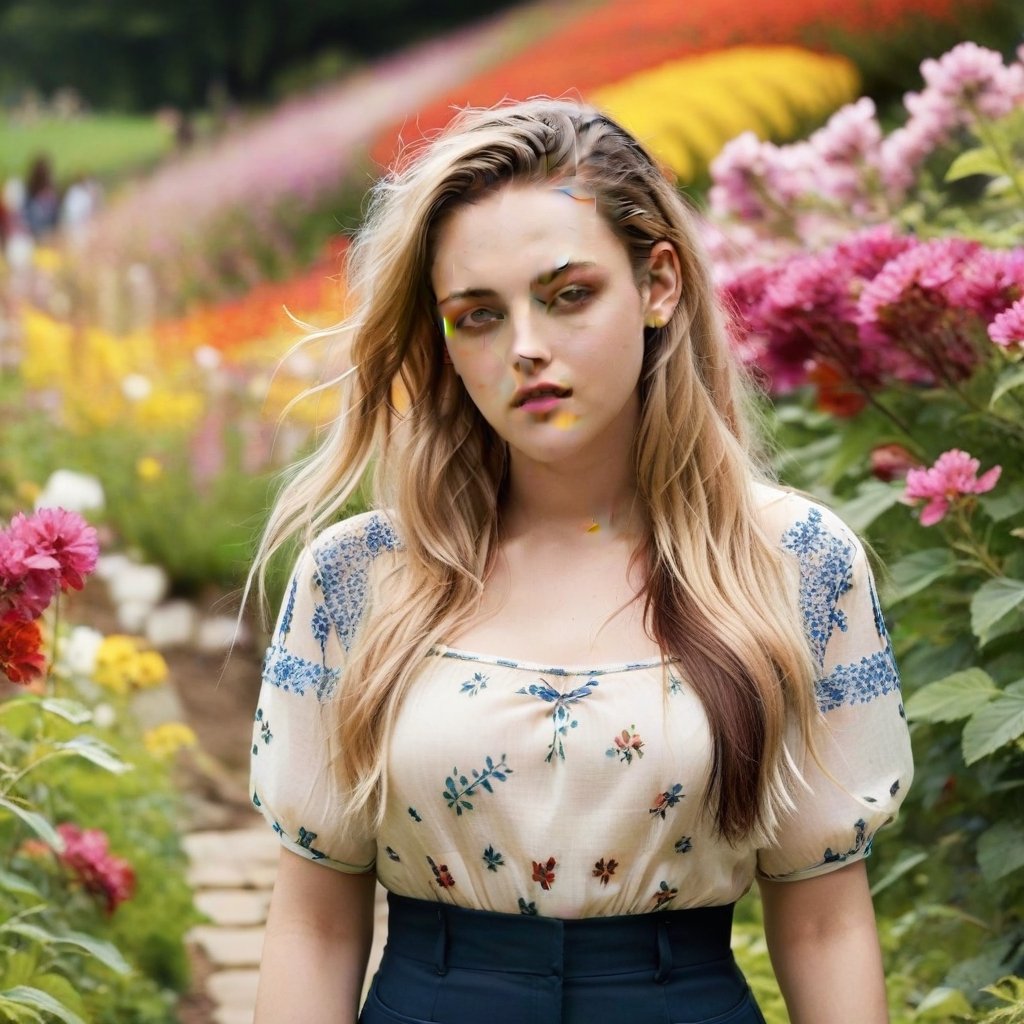 Lovely cute young attractive teenage girl, village girl, 18 year old, cute , an instagram model, long blonde hair, colorful hai , warm, walking in beautiful flower garden, korean skin tone, height 5.6 ft,more detail XL,kristen_stewart,KatherineLangford