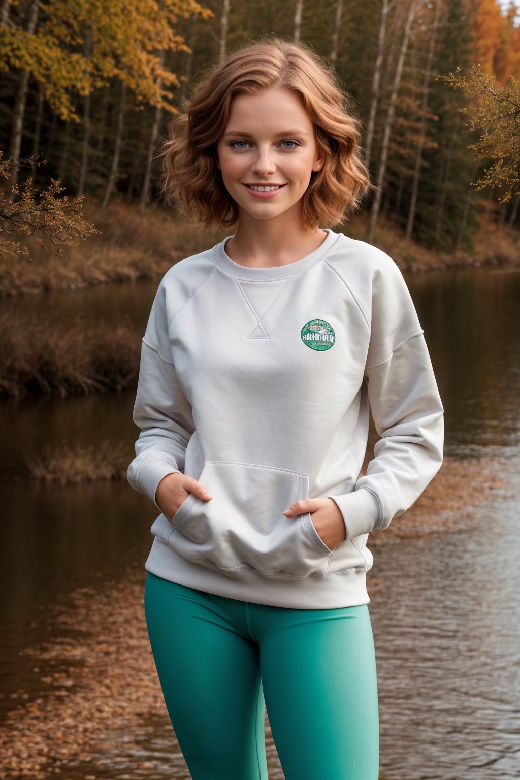 realhands Highly detailed, high quality, masterpiece, beautiful and perfect eyes, photo realistic, (American shot) 14 year old teenage girl with short orange hair, green eyes, freckles, small breasts, small body, knowing smile, bold and challenging pose , sweatshirt, leggings, on the river bank in the middle of the coniferous forest in autumn,photorealistic