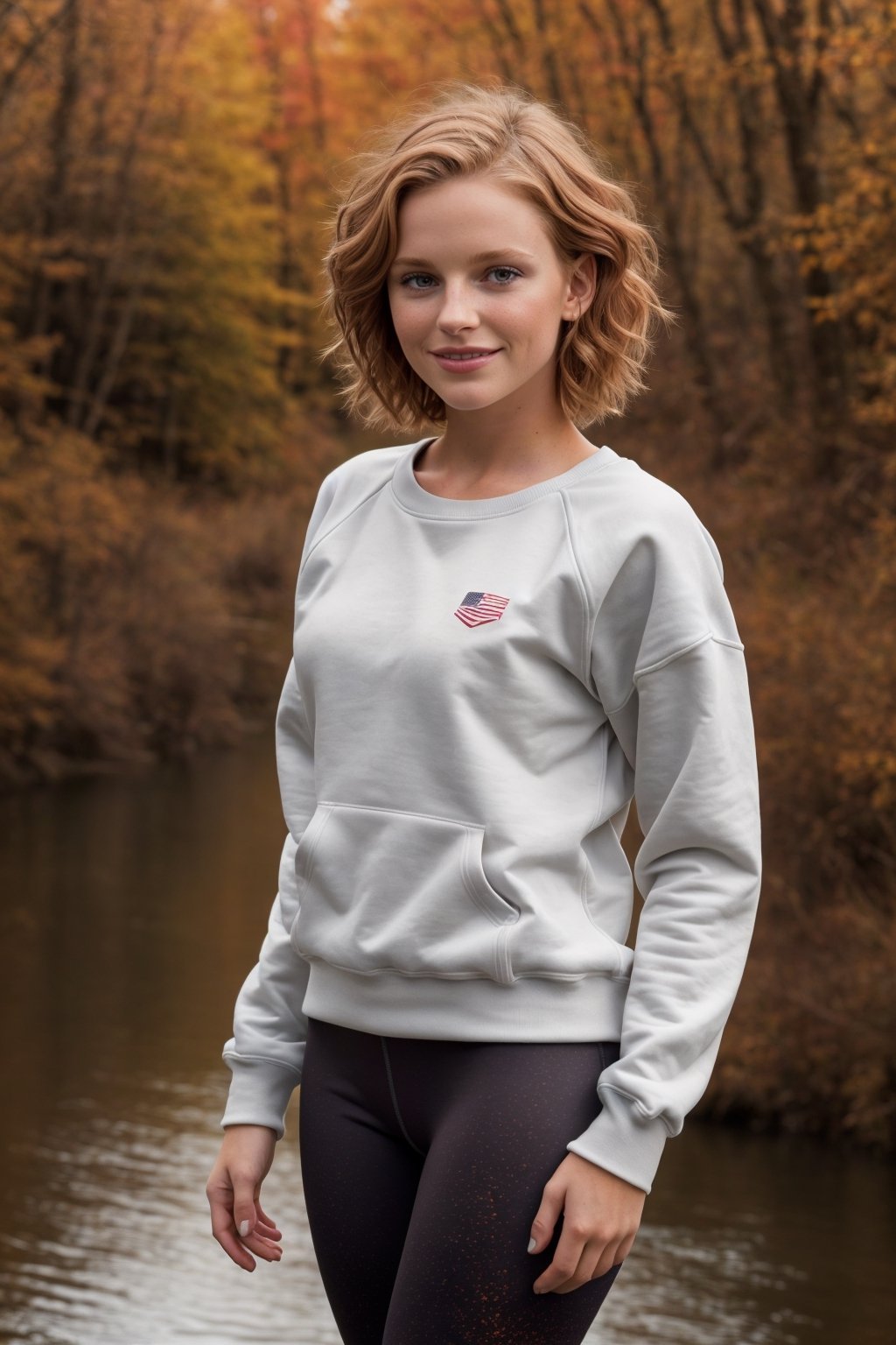 realhands Highly detailed, high quality, masterpiece, beautiful and perfect eyes, photo realistic, (American shot) 14 year old teenage girl with short orange hair, green eyes, freckles, small breasts, small body, knowing smile, bold and challenging pose , sweatshirt, leggings, on the river bank in the middle of the coniferous forest in autumn,photorealistic