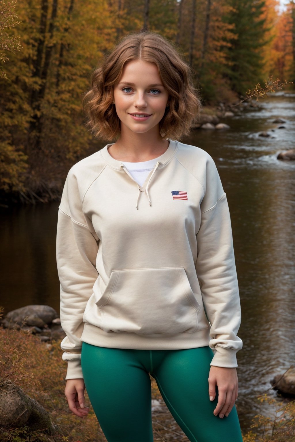 realhands Highly detailed, high quality, masterpiece, beautiful and perfect eyes, photo realistic, (American shot) 14 year old teenage girl with short orange hair, green eyes, freckles, small breasts, small body, knowing smile, bold and challenging pose , sweatshirt, leggings, on the river bank in the middle of the coniferous forest in autumn,photorealistic