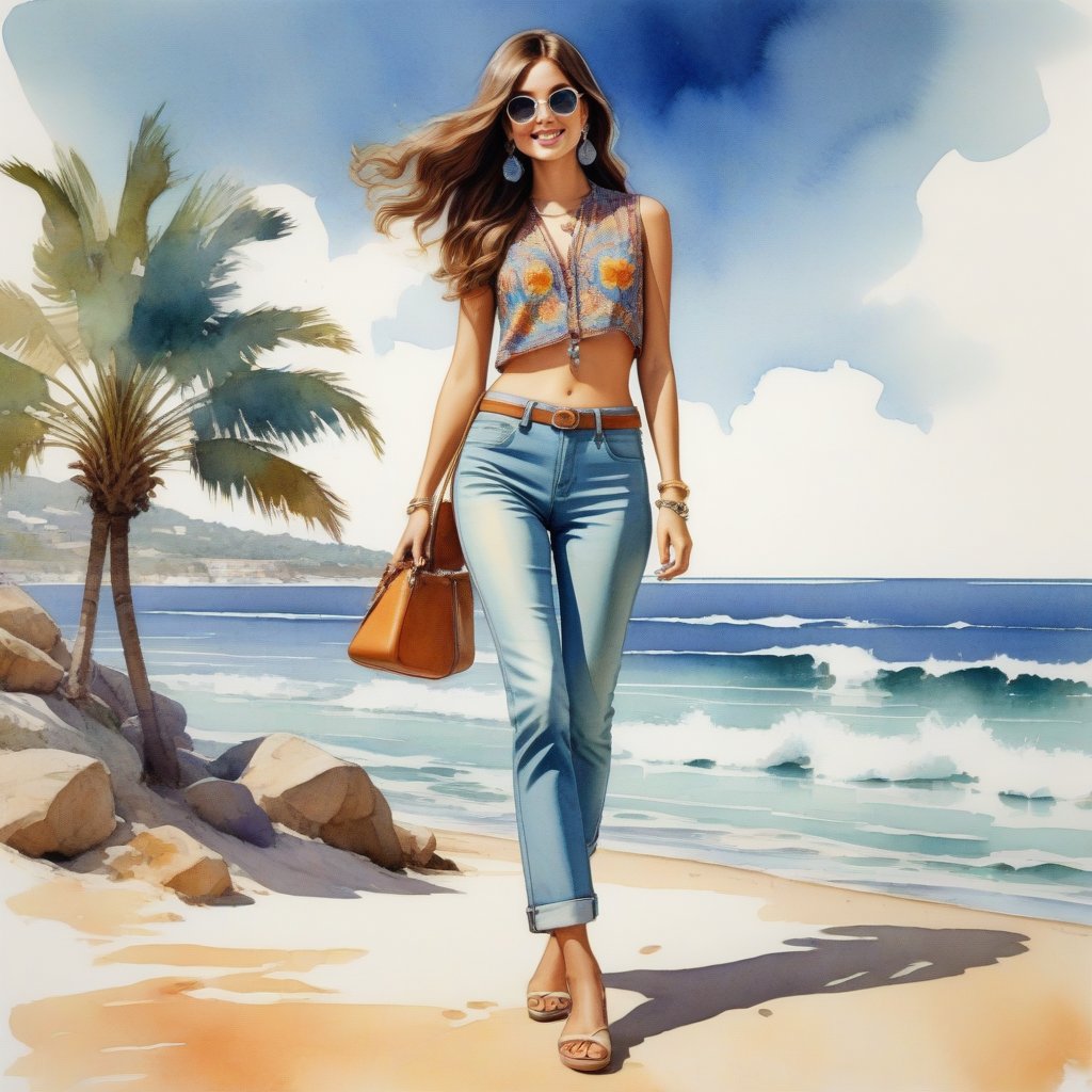 young girl , lazy long hair style, long legs, Riviera spring beach near the ocean (full body shot, '60s hippie style long baggy jeans). Modifiers:modern colorful illustration style VINTAGE fashion illustration, Coby Whitmore ART, VINTAGE 1960s hippie boho fashion illustration, whimsical style, intricately textured and detailed, Pomological Watercolor, depth of field, ultra quality ,ink art, transparent fading , shadow play, high colour contrast,watercolor,