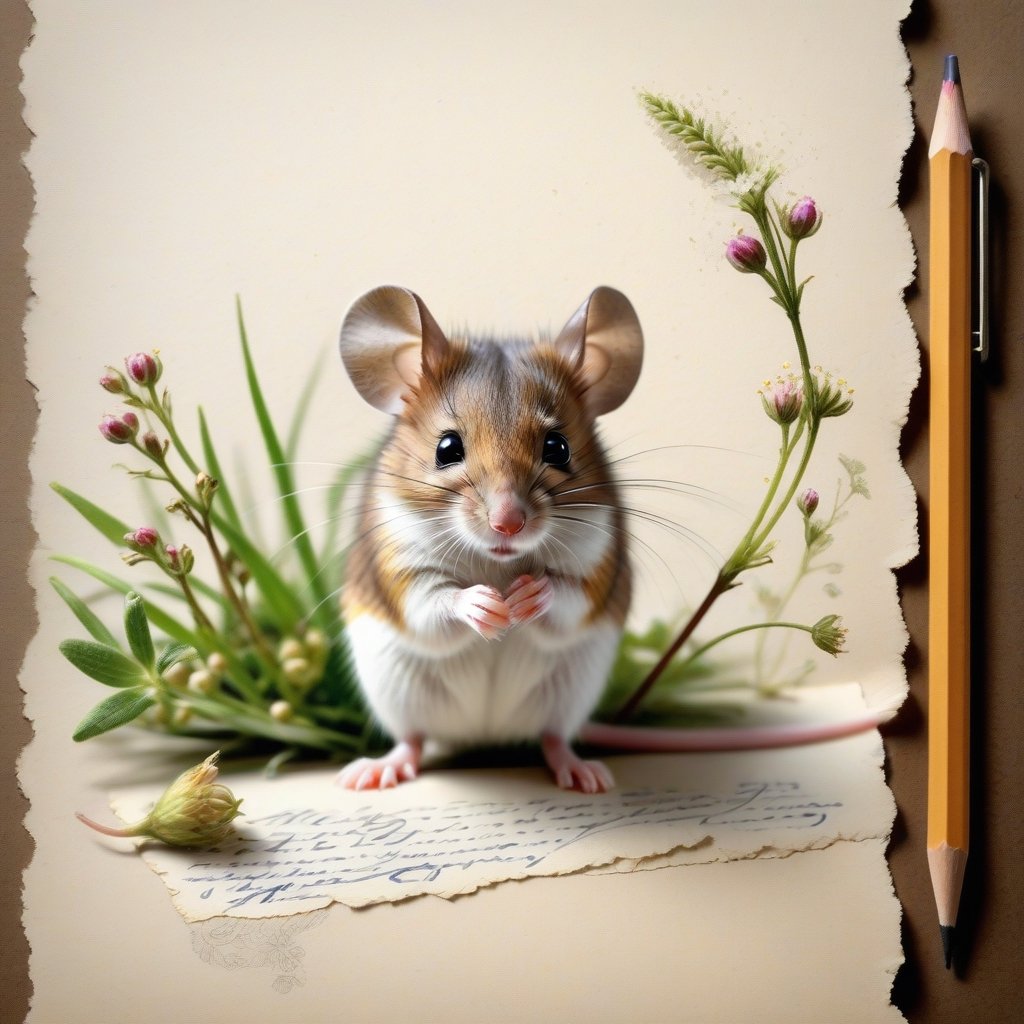 ((ultra realistic photo)), artistic sketch art, Make a little WHITE LINE pencil sketch of a cute LITTLE MOUSE on an old TORN EDGE paper , art, textures, pure perfection, high definition, LITTLE FRUITS around, TINY DELICATE FLOWERS, GRASS FIBERS on the paper, little calligraphy text