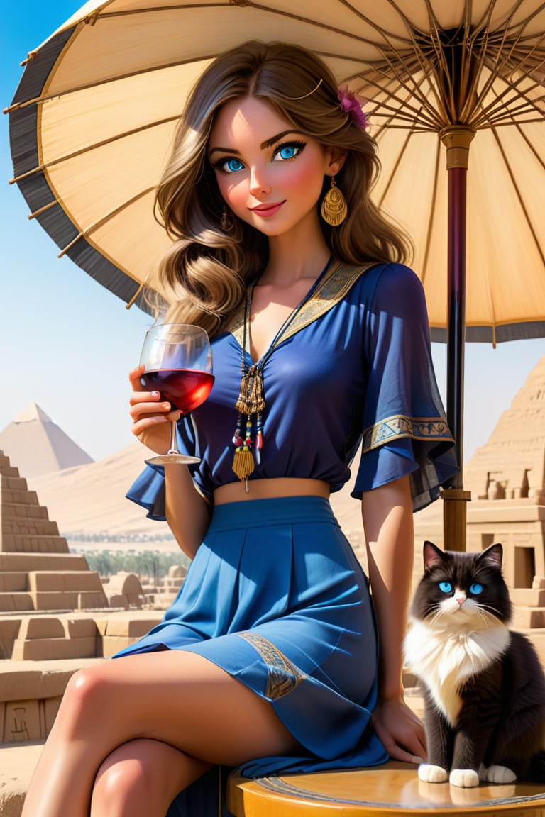 tall skinny lovely explorer woman in 1920's style top and skirt, long shiny hair, blue eyes, cute face, little smile, sitting with a glass of wine under a large parasol, great view to the enchanted detailed beautifuly decorated Egypt Karnak temple., anchient detailed paintings , great view to the valley, one cute persian cat with the explorer girl