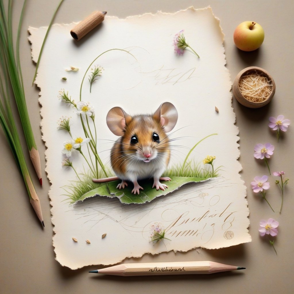 ((ultra realistic photo)), artistic sketch art, Make a little WHITE LINE pencil sketch of a cute LITTLE MOUSE on an old TORN EDGE paper , art, textures, pure perfection, high definition, LITTLE FRUITS around, TINY DELICATE FLOWERS, GRASS FIBERS on the paper, little calligraphy text